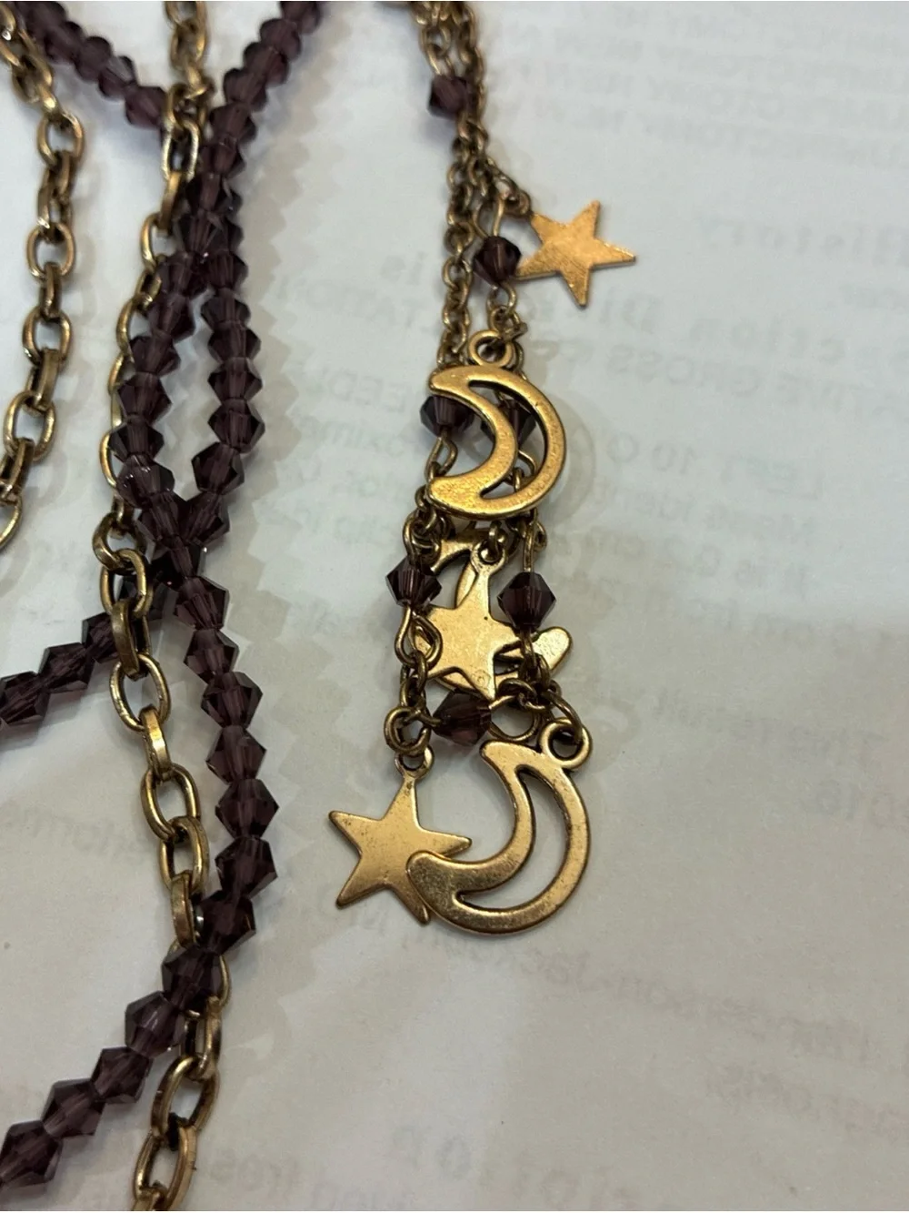 Boho Celestial Moon & Stars Layered Necklace Purple Raw Stone Gold Tone Pendant